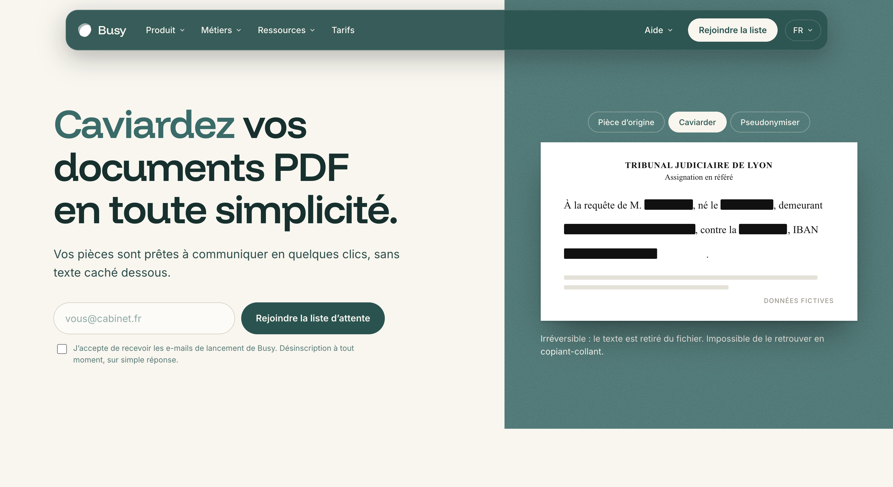 Aperçu du site Busy, logiciel de caviardage de PDF — réalisation Les Sables Web